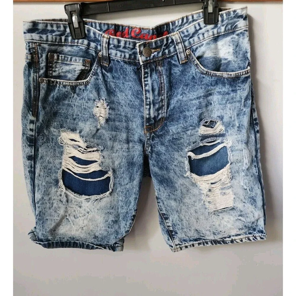 Red Camel Jean Shorts Men's Size 36 Denim  Distressed Bleached Acid Wash Blue